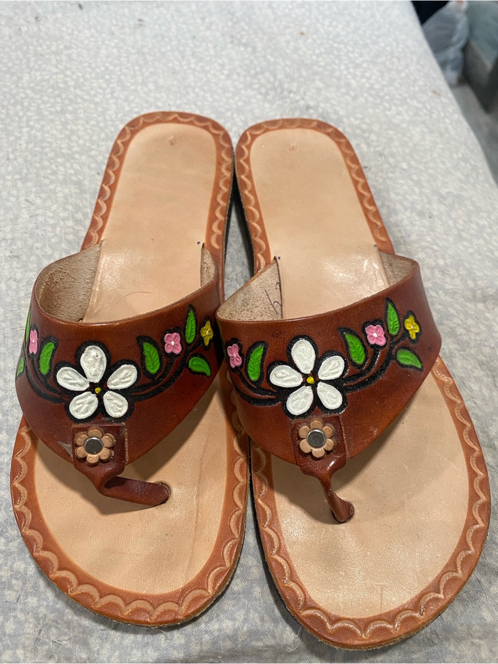 Hand-Painted Brown Leather Floral Thong Sandals